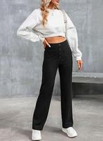 Women's High Waist Straight Leg Pants Loose Fit Commuter Polyester Spandex Solid Color Multi Pocket Button Detail Casual Trousers S juoda