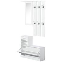 3-in-1 prieškambario baldų komplektai su drabužių kabyklos paneliumi, veidrodžiu ir suoliuku avalynei - 6 kabliukai ir reguliuojama lentyna, baltas 90 x 22 x 116 cm