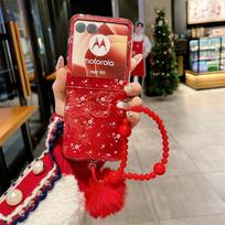 For Motorola Moto Razr 70 60 Pro 50 Ultra Red Flower Shockproof Phone Case Bracelet Hairball PC Hard Shell Protective Back Cover For Moto Razr 60