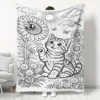 American-style Hand-Painted Coloring Stress-Relief Flannel Blanket, Adult Healing Series Sunflower and Cat Themed Print Throw Blanket, Casual Home Nap 75X95CM gray