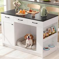 Kitchen island, cabinet with 3 drawers, spice shelf, shelf (dog food plate not included), pet storage (dog cushion not included), 120*60*90 cm, white 120 x 60 x 90 cm