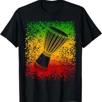 Šaunus menas Djembe būgnas su dėmėmis Būgnininkams Reggae dienos marškinėliuose S juoda