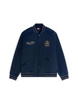 Tommy Jeans Demisezoninė striukė 'Crest Patch Relaxed Bomber' tamsiai mėlyna / mokos spalva / vyšninė spalva / balta