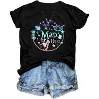 Alisa Stebuklų šalyje marškinėliai moterims Atostogų marškinėliai Mes visi čia pamišę T-shirt Pamišusi arbatėlė marškinėliai Mielos grafinės T-shirt viršūnės S juoda