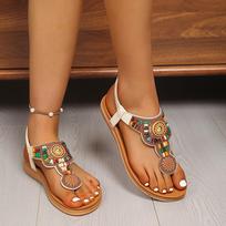 Large size rhinestone herringbone clip toe thick bottom ethnic elastic band bead beach sandals 36 smėlis