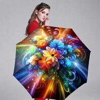 A Compact Umbrella Featuring Vibrant Floral Designs And Swirling Motifs. It'S a Convenient Outdoor Item, Perfect for Casual Us brown