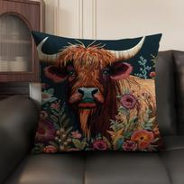 Vibrant Highland Cow Cushion Cover Summer Breathable Linen Organic Fabric Double-Sided Printing Sofa Pillow Case Home Decor Peach skin 18*18(CM)-1Pcs black