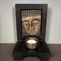 Seated Buddha Scented Candle Holder with Tealight Cup Wood Shelf Base Buddha Statue Candlestick Zen Garden Home Decor 9.5*12*18cm&CITRONELLA auksas