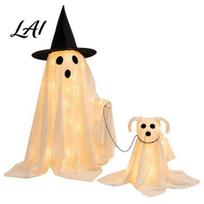 Haunted House Party Supplies Halloween Ghost Walking Dog Decor with LED String Light Spooky Glowing Window Display Ornaments Puppy for Outdoor Home, beige