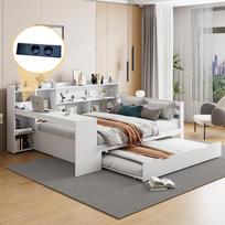 Sofa-lova iš masyvmedžio, 140*200 cm, Su rašomuoju stalu, knygų lentynomis, daiktadėžėmis ir lentynomis, Su elektros lizdais, Ištraukiama lova po lova, Balta 245.5 x 165 x 100 cm balta
