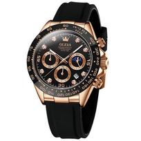 OLEVS Vyrų sportinis kvarcinis chronografo laikrodis Juodas silikoninis dirželis Rožės ir juodo ciferblatas Datos rodymas 41,5 mm Vandeniui atsparus gray