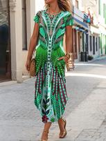 2025 Indian Element Print Round Neck Short Sleeve Dress 4XL black