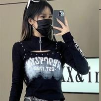 Girls Y2K Tops Zipper Neck Hollow Out T-shirts For Women's Tees Long Sleeve Black Printed Tops Party Wear L gray