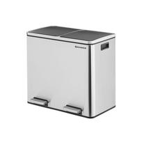 SONGMICS Recycling Bin, Double Trash Can, 2 x 24L, with 2 Compartments, Soft-Close Lids, Pedals, Plastic Inner Buckets and Carry Handles, Silver