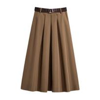 Moteriškas midi sijonas, vienspalvis, aukštu juosmeniu, didelio krašto dizaino, A formos, su diržu, minkštas, kvėpuojantis, krentantis sijonas 4XL chaki