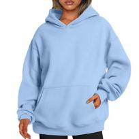 Oversize su nuleistais pečiais Hoodie moteriškas rudeniui storintas Hoodie ilgomis rankovėmis ilga kišenė laisvalaikio patogus gatvės drabužis XS šviesiai mėlyna spalva
