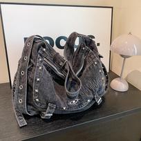Retro Embroidered Lazy Wind High-capacity Bag  Water Washable  Old Rivet Hottie Crossbody Shoulder Bags black