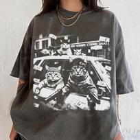 Gangster Cats Graphic T Shirt, Vintage Black Cat Tee, Retro Streetwear Shirts, Funny Cat Top, Unisex Oversized Cool Tshirt, Cat Lover Gift 100 gray