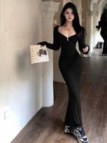 American new pure desire Spice Girl sexy off-the-shoulder long-sleeved dress design sense niche slim-fitting hip-wrapped skirt women S