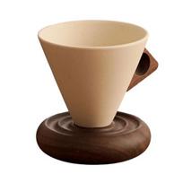 Kūgio formos kavos puodelio ir lėkštelės rinkinys, vidurio amžiaus modernus, kūgio formos puodelis su medine rankena, rankų darbo keramika 180ml beige