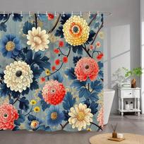 1Pc Japanese Floral Shower Curtain - Vibrant Red Pink Yellow White Peonies Chrysanthemums Daisies Dark Blue Green Leaves Grey W60H190(CM)-1 Pcs black