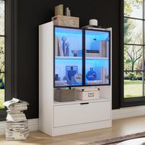 Modern LED Display Cabinet Height 120cm with LED Lighting, Living Room Cabinet with Glass Doors and Folding Door, Chipboard Display Cabinet, White 80 x 35 x 120 cm balta