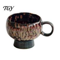Unique Art Ceramic Gift for Birthday Vintage Coffee Mug, Reactive Glaze Latte Cup with Flow Pattern, Retro Aesthetic Drinkware High Footed Tea A black