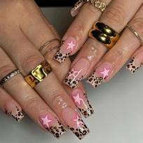 24Pcs Medium Square Press On Nails Leopard French Pink Star Full Cover Fake Nail Tips Detachable False Nails Set brown