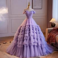 Violetinė pasakų vakarinė suknelė moteriška fortepijono grojimo tiulio sijonas vieno peties kilni princesė kelioninė šešėlio šviesa vestuvinė suknelė S violetinė