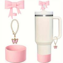 Stanley Cup Accessories Set, Cute Bow Straw Cover Toppers For Stanley Cup 30/40Oz Tumble, Butterfly Chain, Stanley Cup Boot rožinė