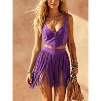 Spicy Girl Suede Set Zipper Vest + Fringe Mini Skirt Western Style Two-Piece Set Trendy Urban Outfit for Women S