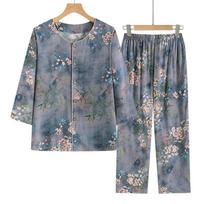 The elderly pajamas women's summer 11 cotton and silk mother seven-quarter sleeve cardigan set grandma can wear two sets Xl (recommended within 47.5kg ) gray