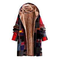 Fleece striukės moterims su užtrauktuku, gėlėtos, su Sherpa pamušalu, su gobtuvu, vintažinio etninio stiliaus, patchwork paltas S raudona