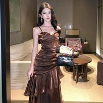 Premium Light Luxury Bar Mitzvah Birthday Party Dress Dress Retro Vacation Ruffle Edge Suspender Dress M beige