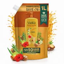 Dabur Vatika Ayurvedic Shampoo Refill Pouch - 1 L | Damage Therapy | Power of 10 Ingredients for Solving 10 Hair Problems | No Parabens | For All yellow