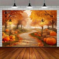 1 Autumn Harvest party banner - a vibrant autumn leaf scene, featuring pumpkins, hay bags and winding paths, home decor 47.2x31.5inch/120*80cm orange