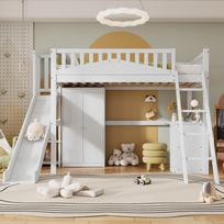 Children's Bunk Bed with Fall Protection Rail, Table and Wardrobe, Plenty of Storage Space, with Four-Step Ladder, Pine+MDF+Plywood, White, 90x200cm 250 x 194 x 170 cm balta