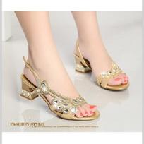madingi vasariniai moteriški bateliai žuvies burna deimantiniai elegantiški stori aukštakulniai sandalai vidutinio kulno madingi laisvalaikio kalnų krištolo vakarėlio sandalai 33(Foot 21.5cm) auksas