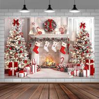 White Christmas Fireplace Winter Backdrop with Tree Stockings Xmas Gifts Kids Holiday Party Photo Booth Background 10X7FT(300X210cm) white
