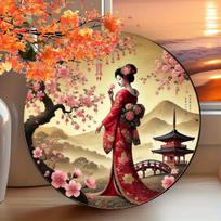 Vintage Japanese Geisha Cherry Blossom Mount Fuji Metal Tin Sign Retro Traditional Kimono Girl Landscape Wall Art Decor for Home 20x30cm（7.8x11.8inch） beige