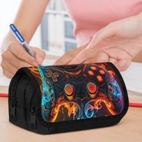 Double Layer Pencil Case, Vibrant Printed Pencil Pouch with Neon Gamepad Flames Design, Fashion Storage Bag, Portable Pencil Case with Zipper, Durable 20x9x11cm white