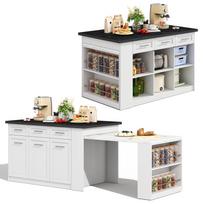 Daugiafunkcionali virtuvės sala 150cm+96cm, Balta prailginama valgomojo stalas, Juodos/Baltos marmuro medžio stalviršis, Integruotos laikymo spintelės 150 x 90 x 90 cm