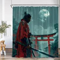 Japanese Samurai Shower Curtain Red Full Moon Cherry Blossom Bathtub Decorative Polyester Shower Curtain With Hook 120X180Cm W60H190(CM)-1 Pcs brown