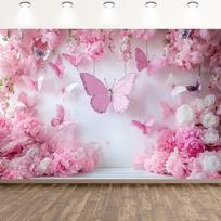 A vibrant birthday decoration display featuring butterflies and flowers - a sturdy pink backdrop 47.2x31.5inch/120*80cm gray