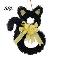 Indoor Outdoor Hanging Decor Halloween Cat Wreath, Cute Black Shape Door Ornament, Glitter Tinsel Seasonal Home Arrangement Wreath with Bow beige