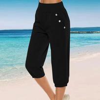 Women's Solid Color Casual Pants Cotton Hemp Thin Breathable High Waist Leg Corset 7 Points Pants M juoda