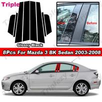 8 vnt. blizgios pianino juodos/anglies pluošto/chromuotos automobilio durų langų B, C statramsčio apdailos lipdukai Mazda 3 BK Sedanas 2003-2008 juoda