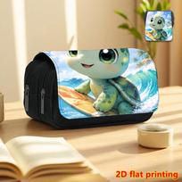 Surfing Little Turtle 2D Printed Double-Layer Flip Black Pencil Case - Back-To-School Essential Pencil Box, Daily Multi-Functional Makeup Bag, Large C 20x9x11cm blue