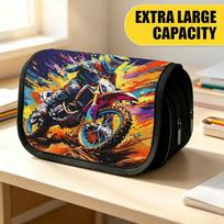 Double Layer Large Pencil Case, Vibrant Printed Pencil Pouch with Color Splash Dirt Bike Racer Design, Fashion Storage Bag, Portable Pencil Case with 20x9x11cm yellow