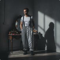 Klouno kelnės su elastingu kulkšnies kraštu Didžiojo cirko tema, trumpintos, Helovinui M B&w Overalls gray